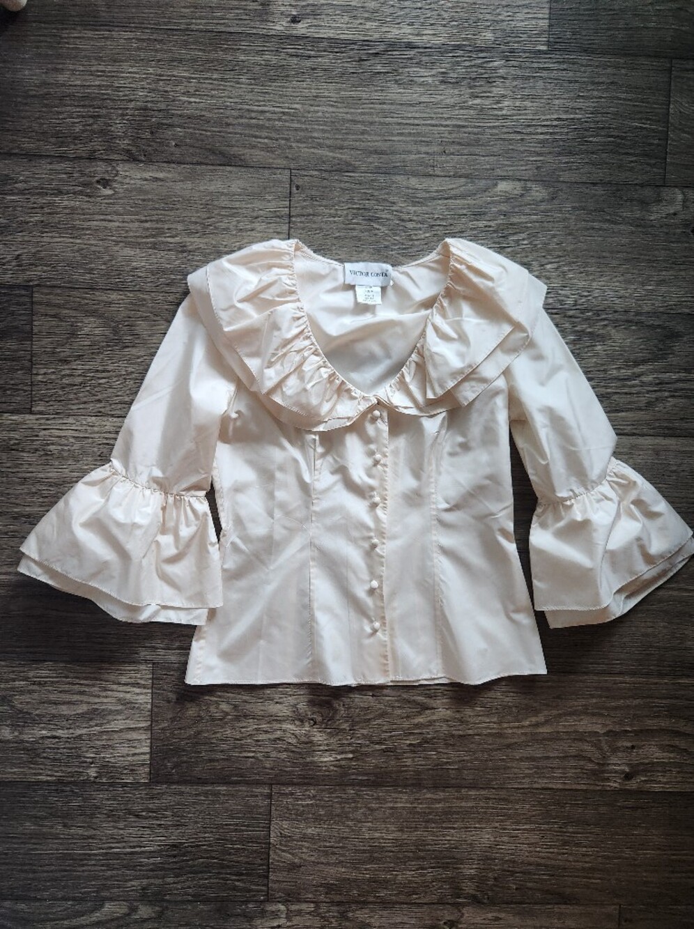 Vintage Victor Costa Silk Ivory Victorian Ruffle Button Down Bell Sleeve Top